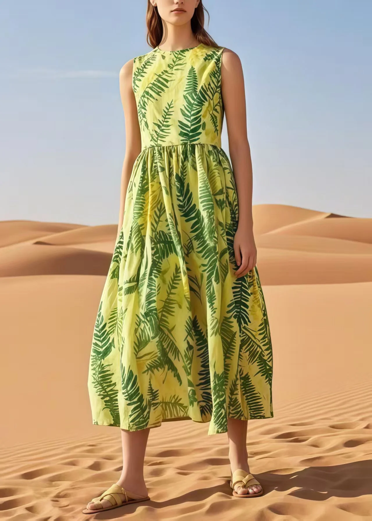Natural Light Green Leaf Print Cotton Holiday Dress Sleeveless - Image 3