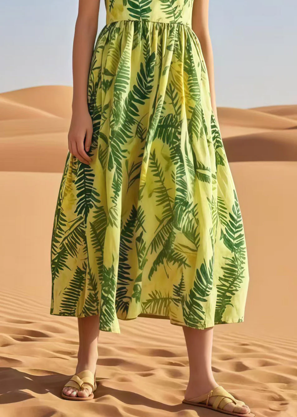 Natural Light Green Leaf Print Cotton Holiday Dress Sleeveless - Image 4