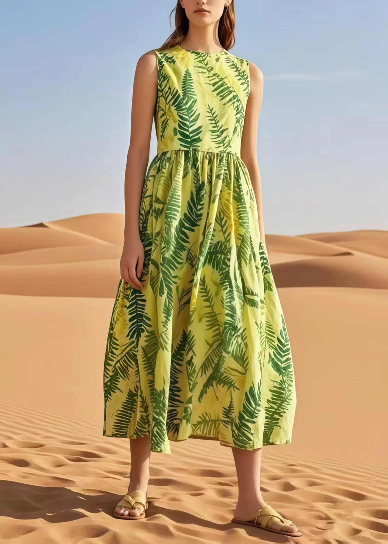 Natural Light Green Leaf Print Cotton Holiday Dress Sleeveless - Image 5