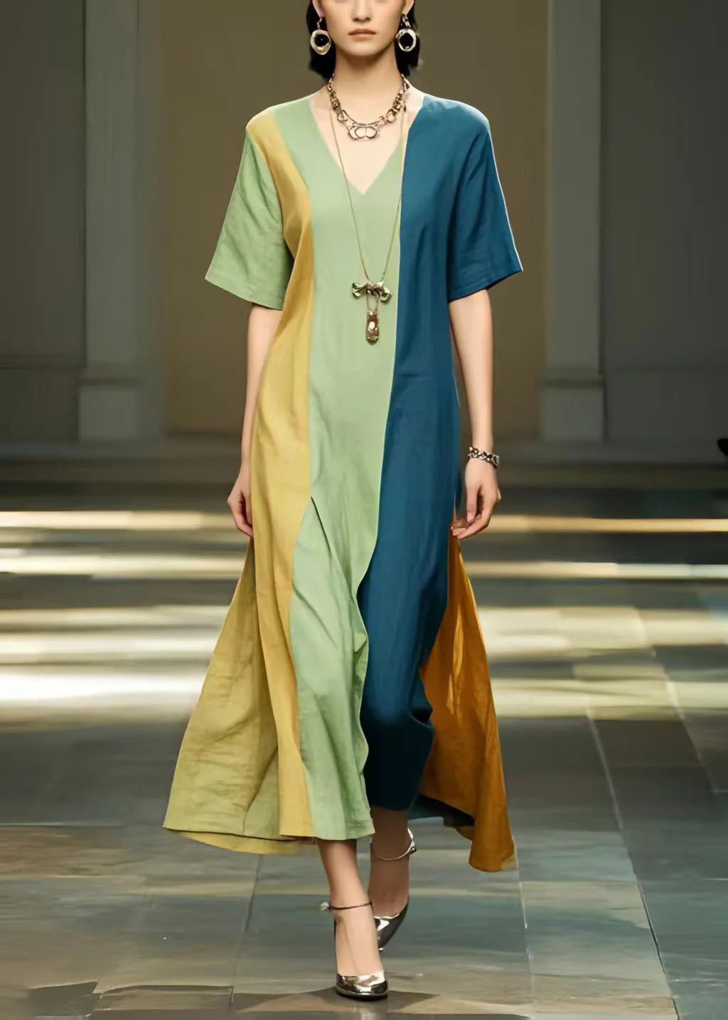 Natural Multicolour Oversized Patchwork Cotton Dress Summer - Image 3