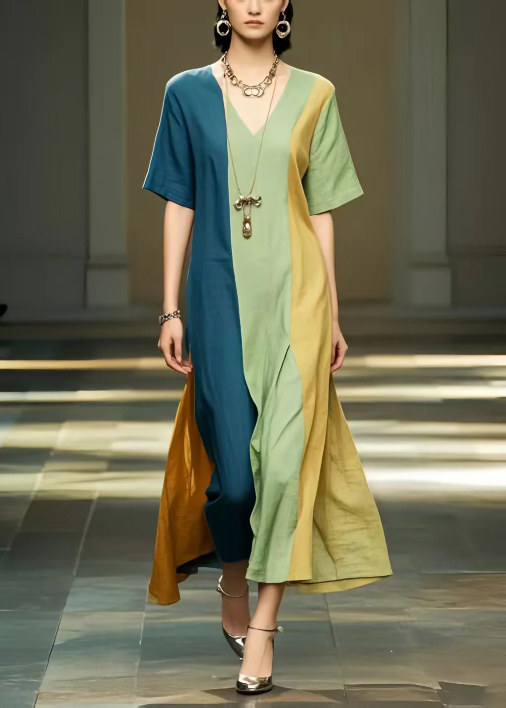 Natural Multicolour Oversized Patchwork Cotton Dress Summer - Image 5