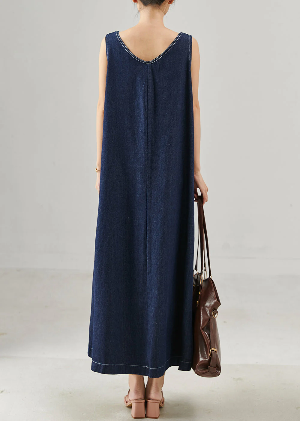 Natural Navy Oversized Denim A Line Dresses Sleeveless - Image 4
