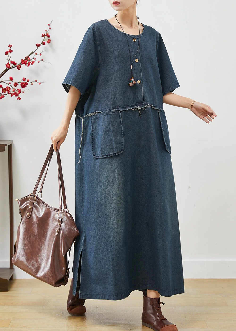 Natural Navy Oversized Pockets Denim Maxi Dresses Summer - Image 2