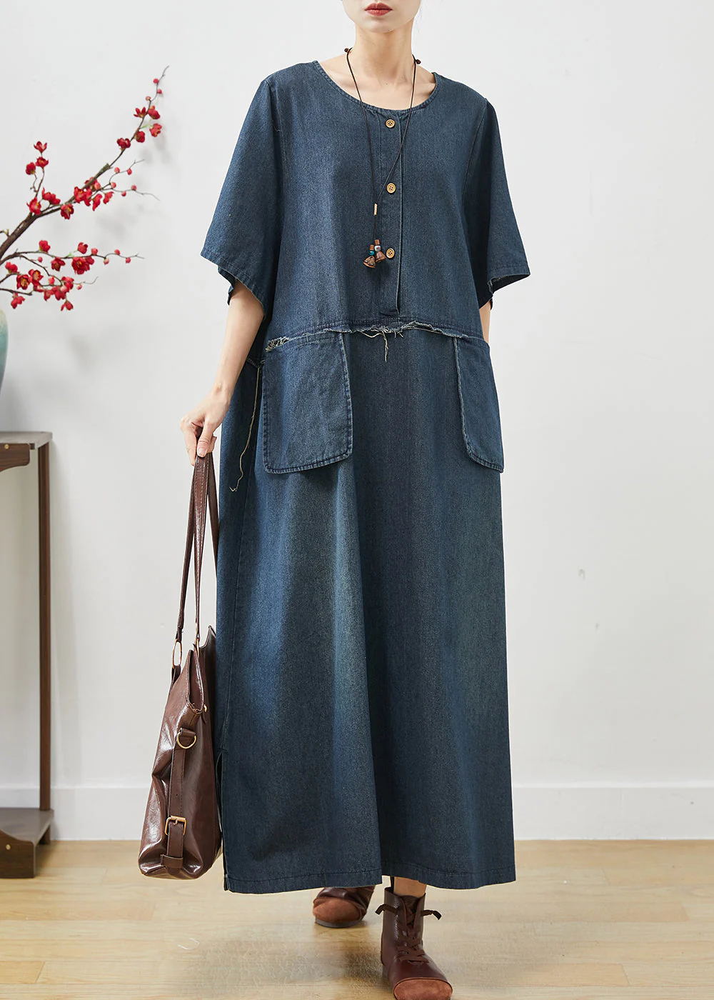 Natural Navy Oversized Pockets Denim Maxi Dresses Summer - Image 3