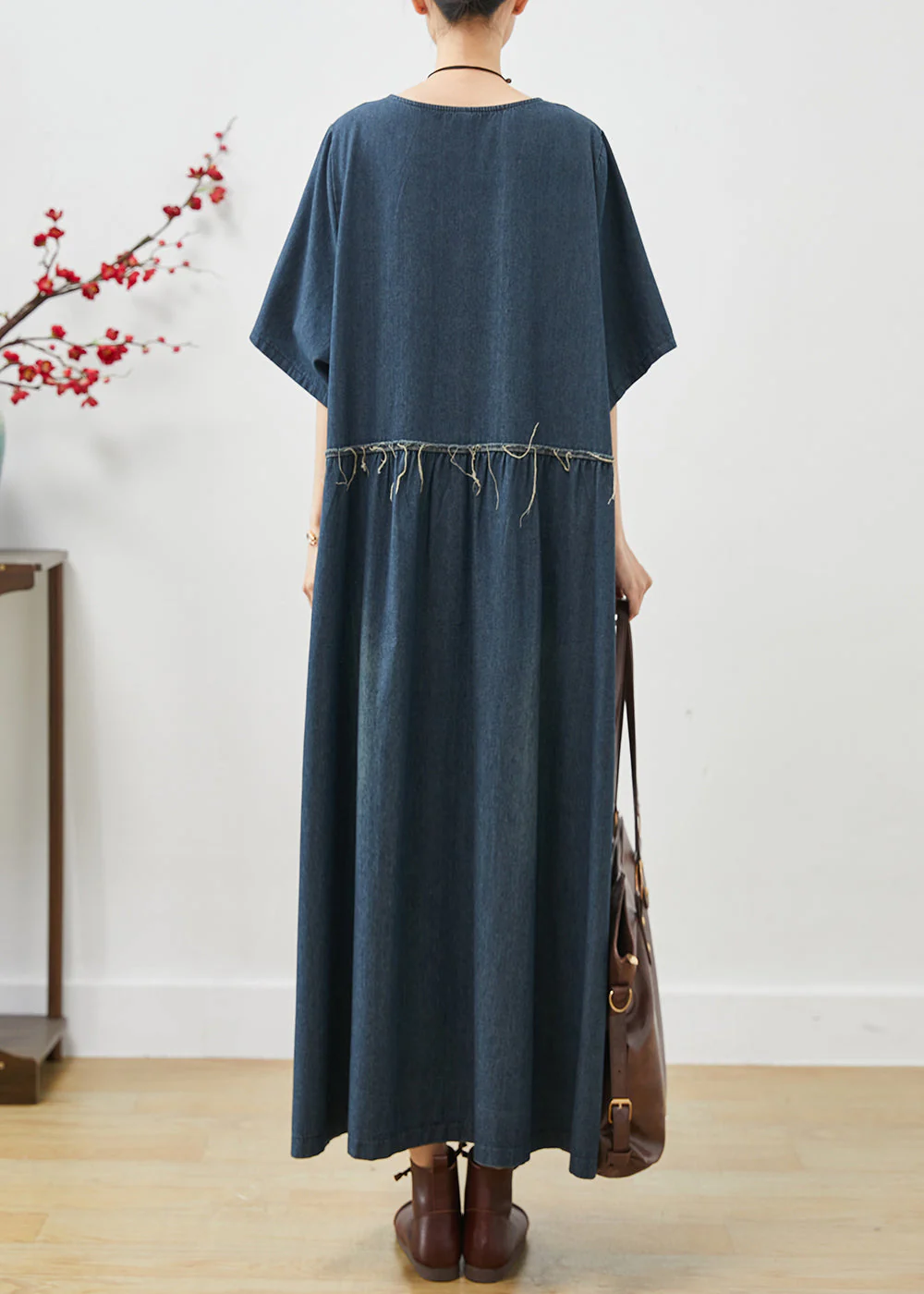 Natural Navy Oversized Pockets Denim Maxi Dresses Summer - Image 4