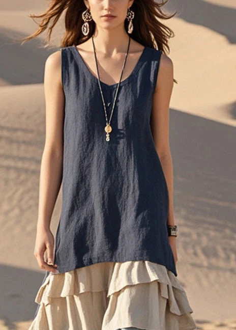 Natural Navy Patchwork Ruffles Cotton Long Dresses Sleeveless - Image 2