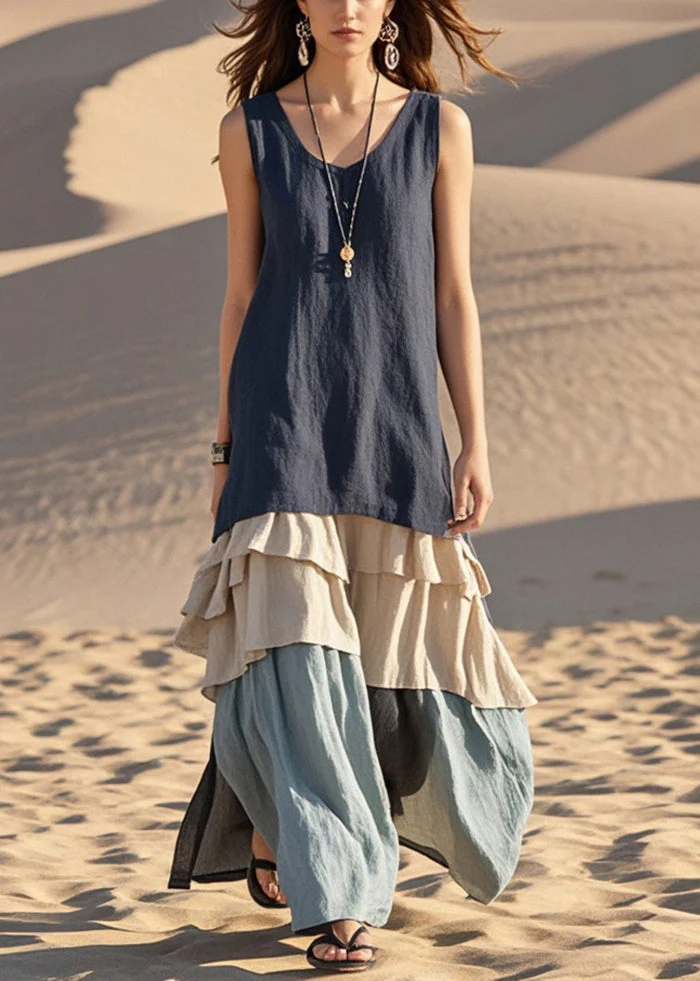 Natural Navy Patchwork Ruffles Cotton Long Dresses Sleeveless - Image 3