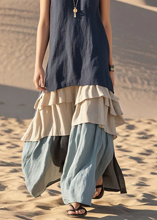 Natural Navy Patchwork Ruffles Cotton Long Dresses Sleeveless - Image 4