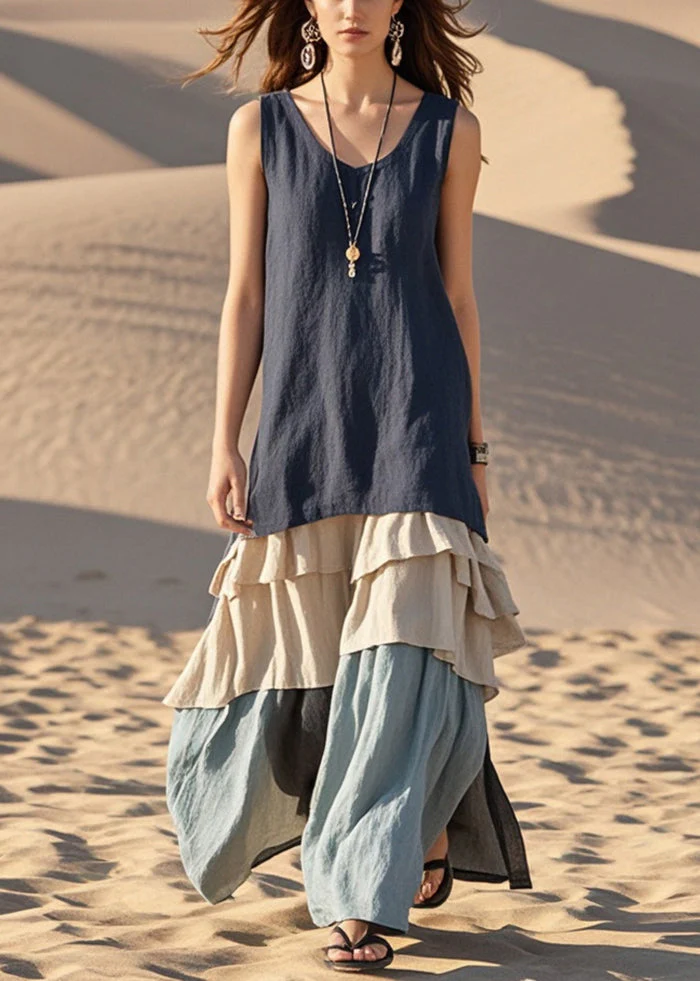 Natural Navy Patchwork Ruffles Cotton Long Dresses Sleeveless - Image 5