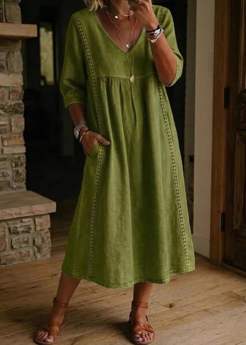 Natural Navy V Neck Patchwork Denim Long Dresses Summer - Image 4