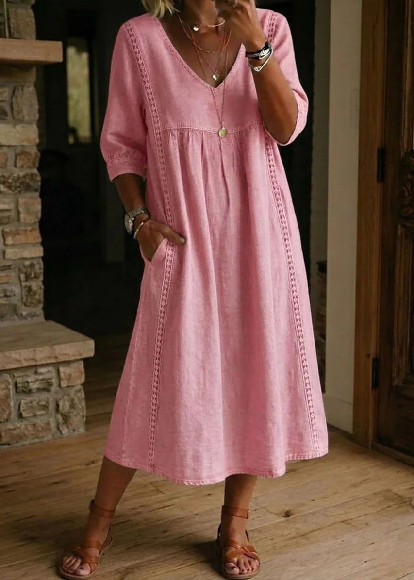 Natural Navy V Neck Patchwork Denim Long Dresses Summer - Image 5