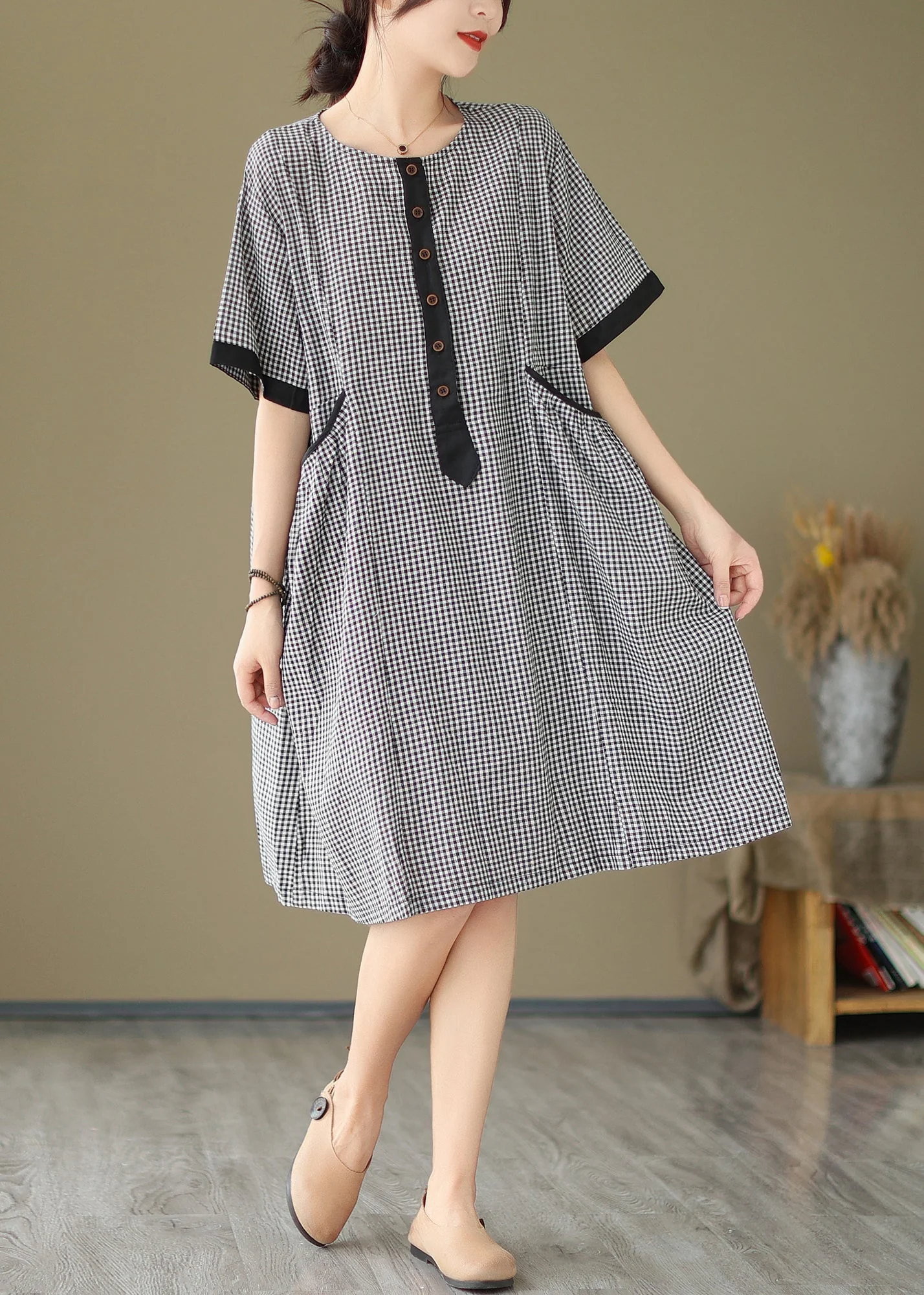 Natural O Neck Big Plaid Pockets Loose Cotton Dress Summer - Image 2