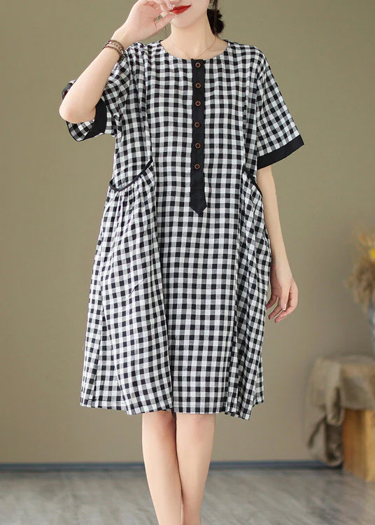 Natural O Neck Big Plaid Pockets Loose Cotton Dress Summer - Image 3