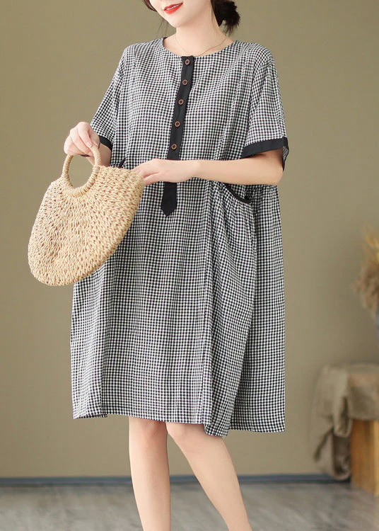 Natural O Neck Big Plaid Pockets Loose Cotton Dress Summer - Image 4