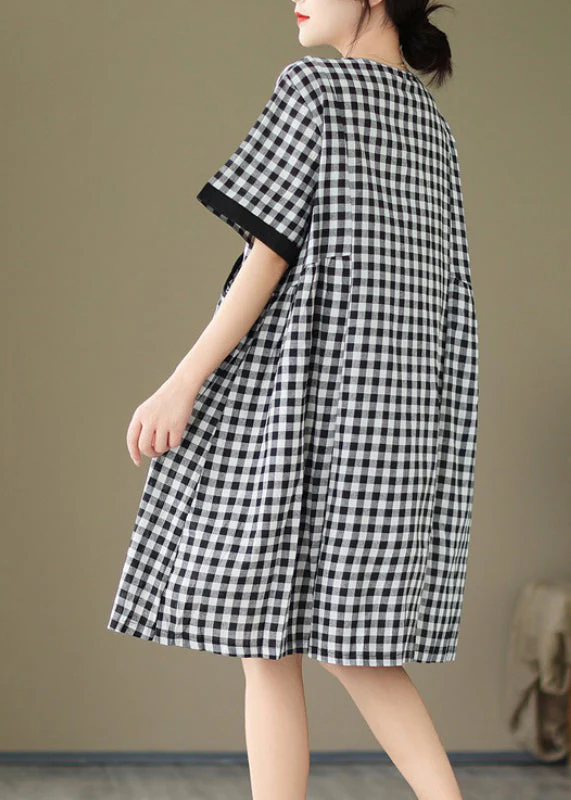 Natural O Neck Big Plaid Pockets Loose Cotton Dress Summer - Image 5