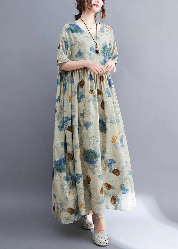 Natural O-Neck Print Wrinkled Long Dress Summer - Image 2