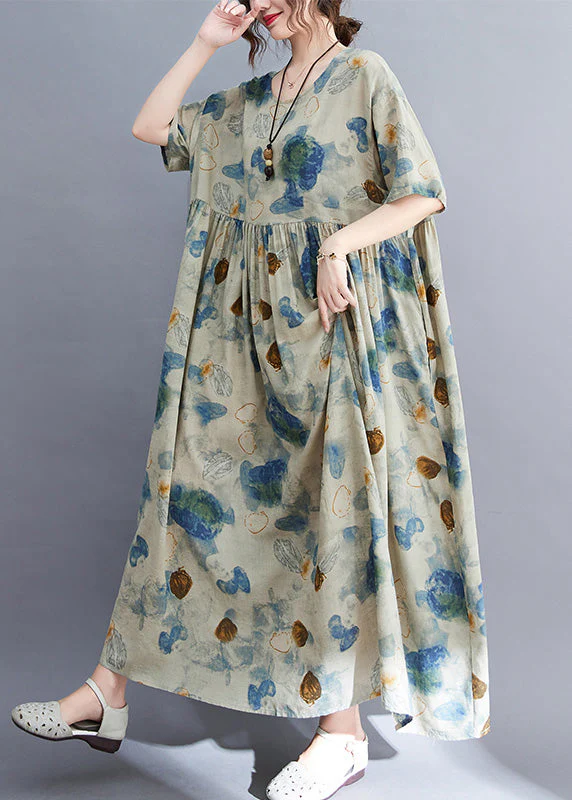 Natural O-Neck Print Wrinkled Long Dress Summer - Image 3