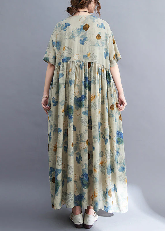 Natural O-Neck Print Wrinkled Long Dress Summer - Image 5
