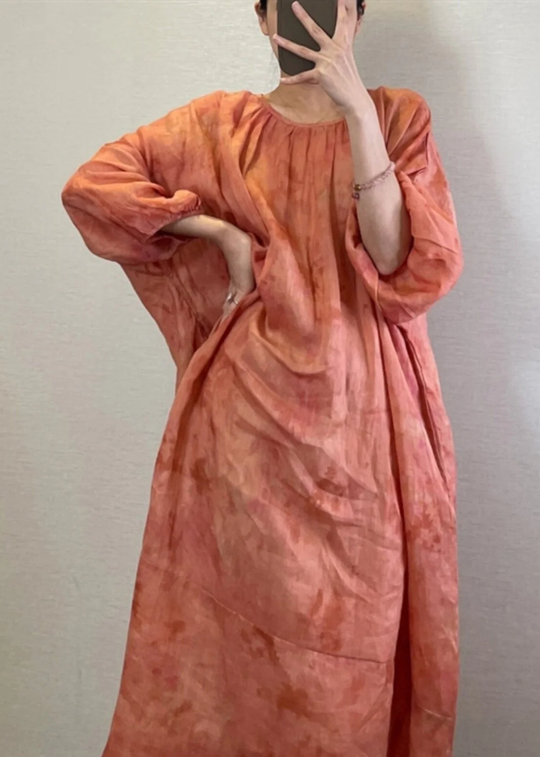 Natural Orange O-Neck Tie Dye Maxi Dress Lantern Sleeve - Image 2