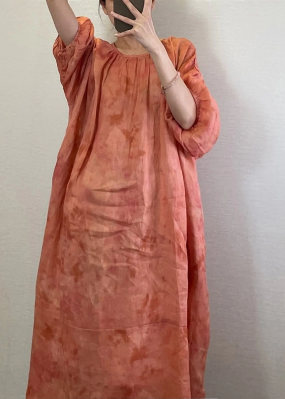 Natural Orange O-Neck Tie Dye Maxi Dress Lantern Sleeve - Image 3