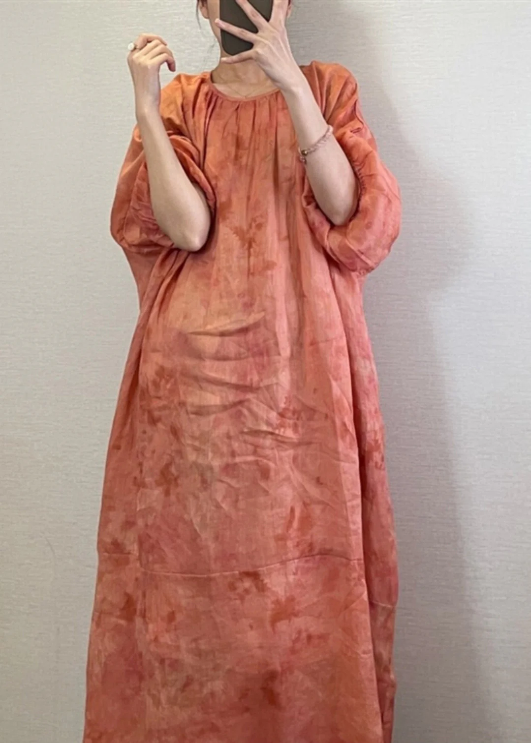 Natural Orange O-Neck Tie Dye Maxi Dress Lantern Sleeve - Image 4