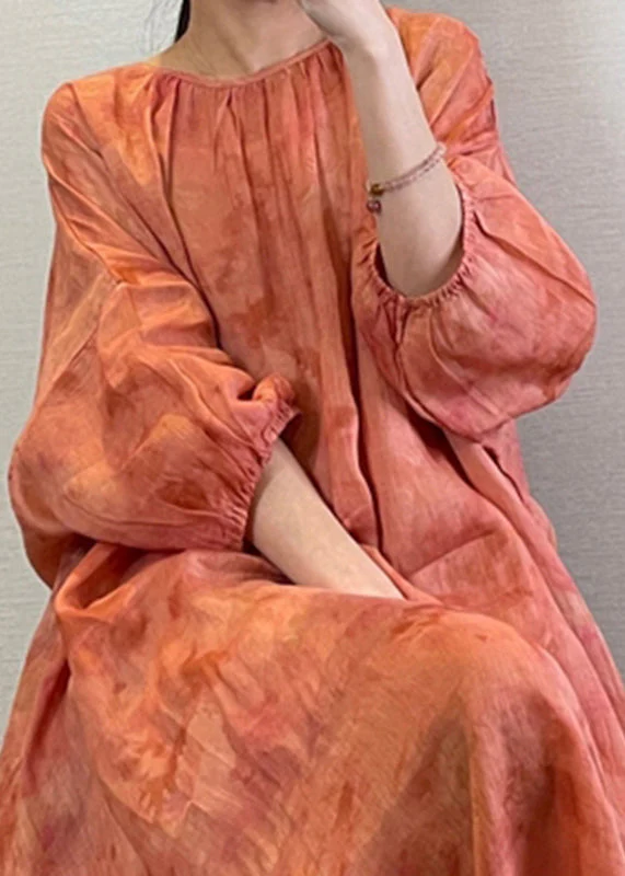 Natural Orange O-Neck Tie Dye Maxi Dress Lantern Sleeve - Image 5
