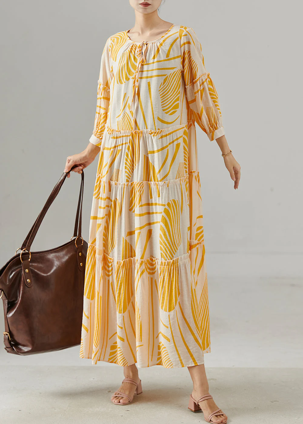 Natural Orange Oversized Print Cotton Robe Dresses Fall - Image 3