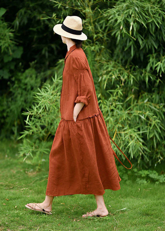 Natural Orange Peter Pan Collar Patchwork Linen Maxi Dresses Spring - Image 2