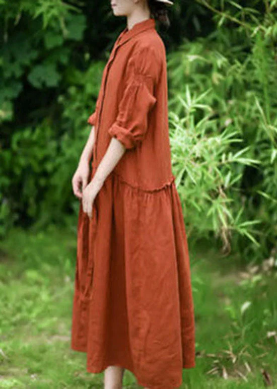 Natural Orange Peter Pan Collar Patchwork Linen Maxi Dresses Spring - Image 3