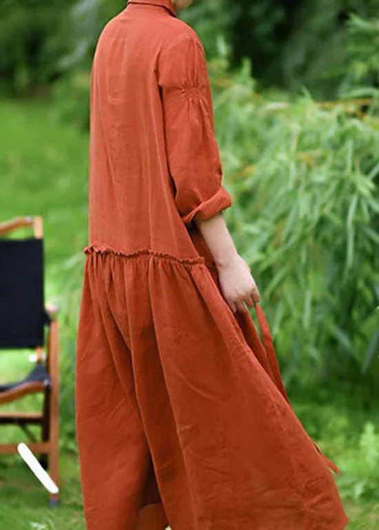 Natural Orange Peter Pan Collar Patchwork Linen Maxi Dresses Spring - Image 4