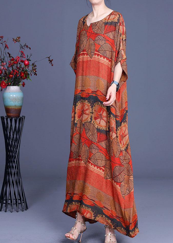 Natural Orange Print O-Neck Asymmetrical Design Summer Silk Maxi Dresses - Image 3