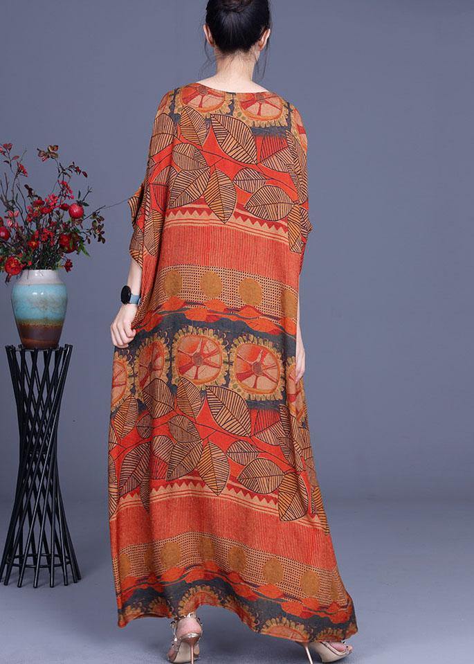 Natural Orange Print O-Neck Asymmetrical Design Summer Silk Maxi Dresses - Image 4