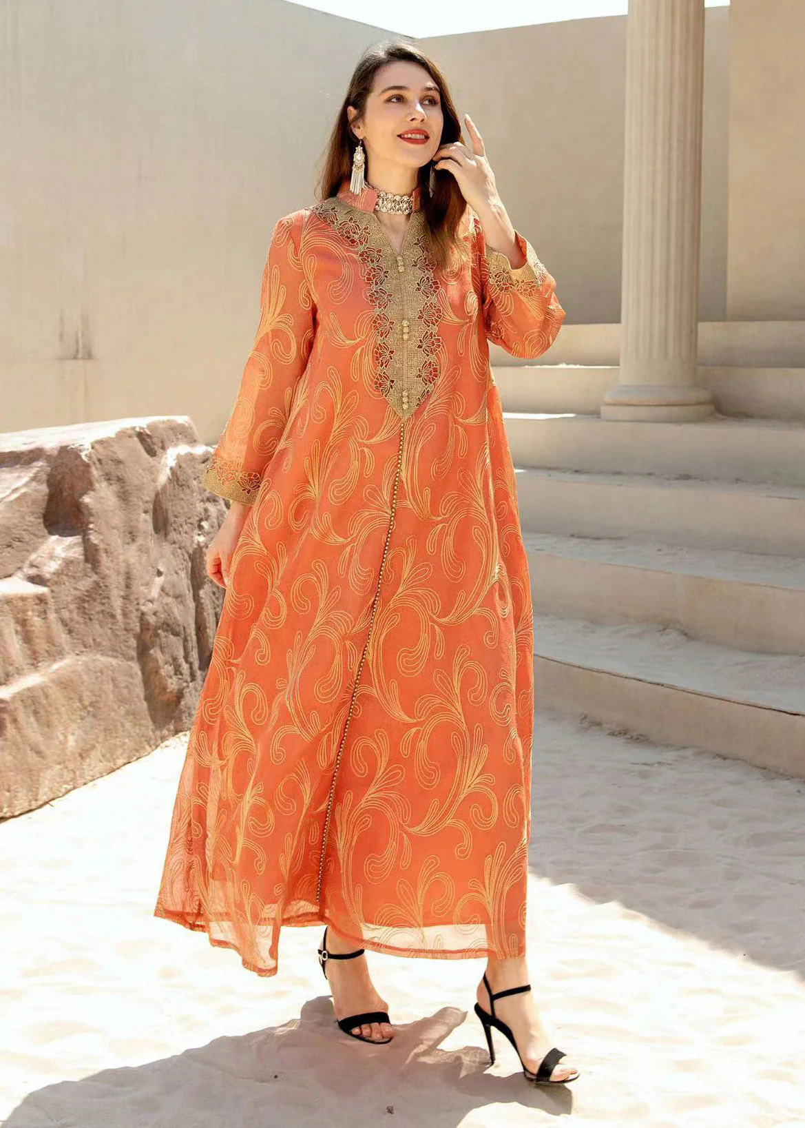 Natural Orange Stand Collar Embroideried Button Tulle Holiday Long Dress Fall - Image 2
