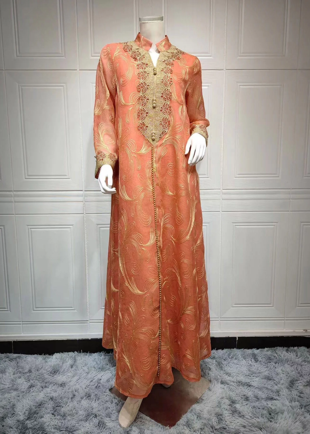 Natural Orange Stand Collar Embroideried Button Tulle Holiday Long Dress Fall - Image 3