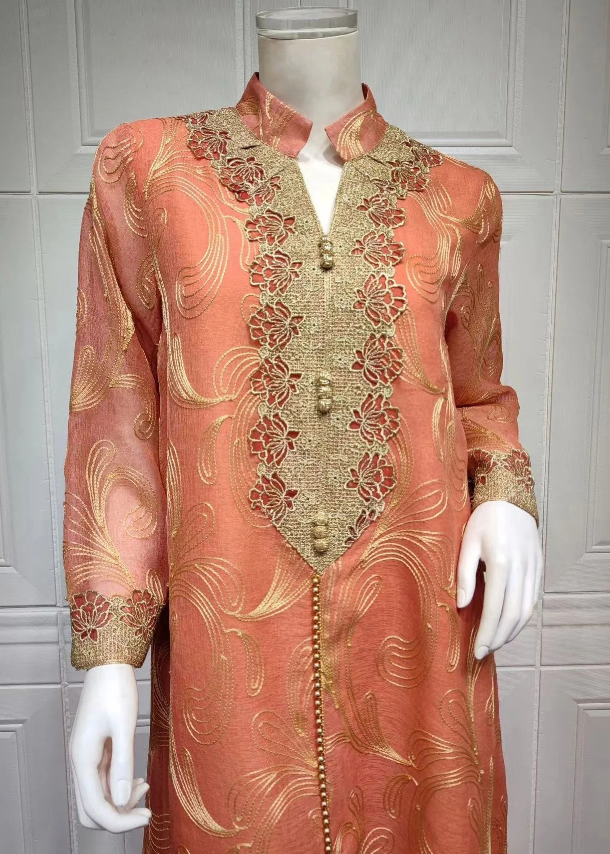 Natural Orange Stand Collar Embroideried Button Tulle Holiday Long Dress Fall - Image 5