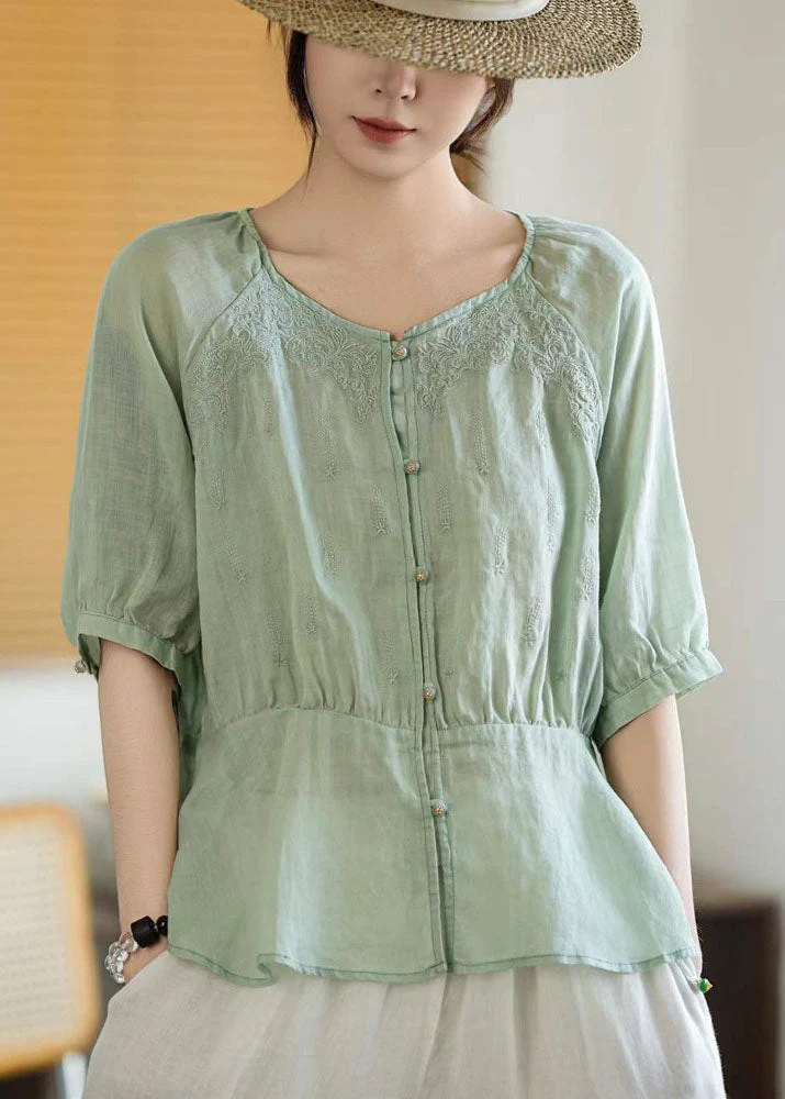 Natural Orange V Neck Embroidered Linen Top Summer - Image 4