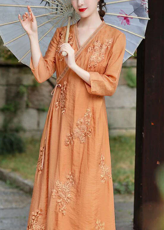 Natural Orange V Neck Embroideried Patchwork Silk Dress Summer - Image 2