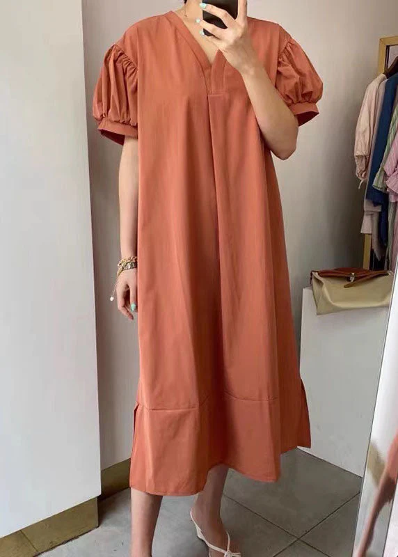 Natural Orange V Neck Patchwork Cotton Dresses Summer - Image 2