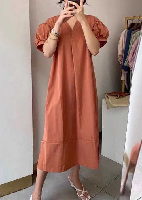 Natural Orange V Neck Patchwork Cotton Dresses Summer - Image 3