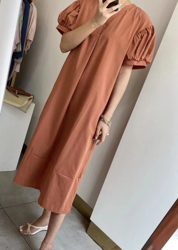 Natural Orange V Neck Patchwork Cotton Dresses Summer - Image 4