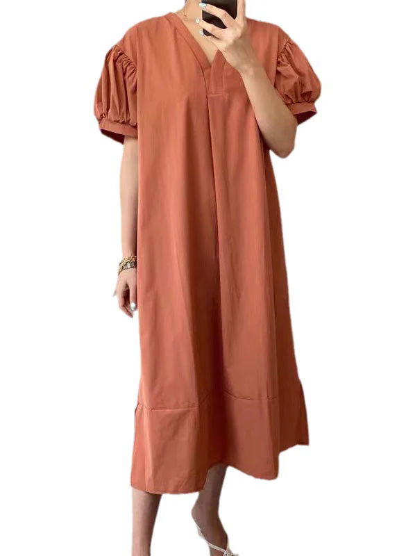 Natural Orange V Neck Patchwork Cotton Dresses Summer - Image 5
