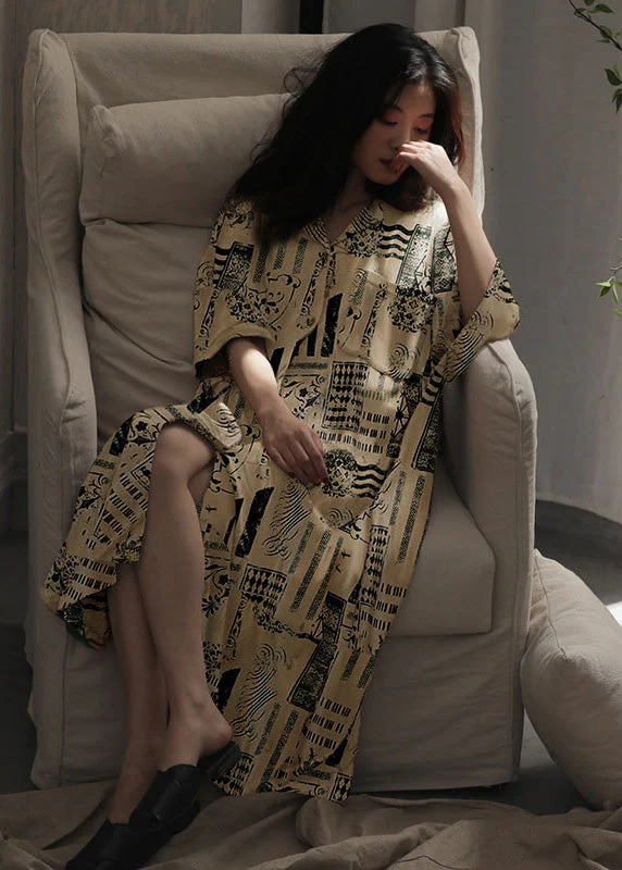 Natural Peter Pan Collar Print Ice Silk Long Dress Spring - Image 3
