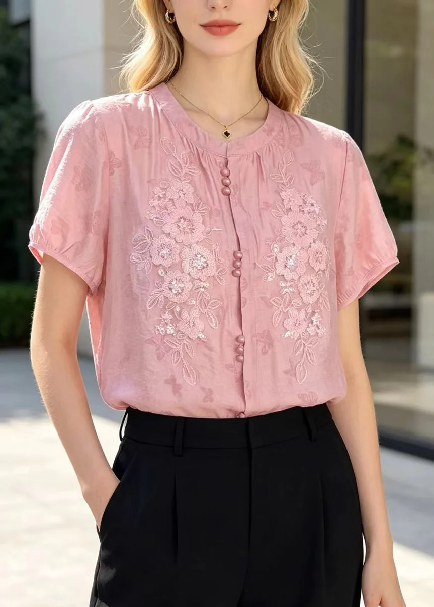 Natural Pink Embroidered Butterfly Cotton Blouse Tops Summer - Image 3
