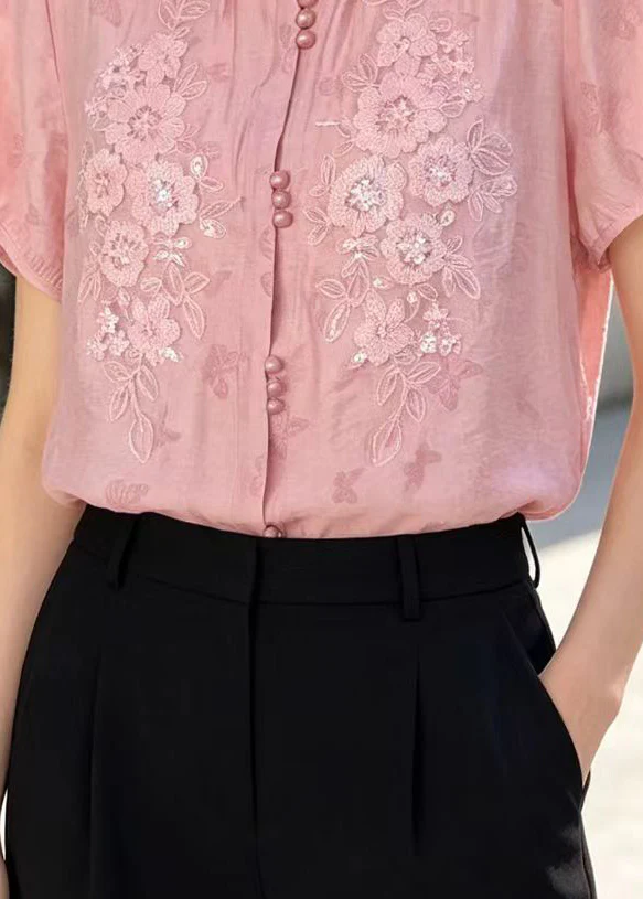 Natural Pink Embroidered Butterfly Cotton Blouse Tops Summer - Image 4