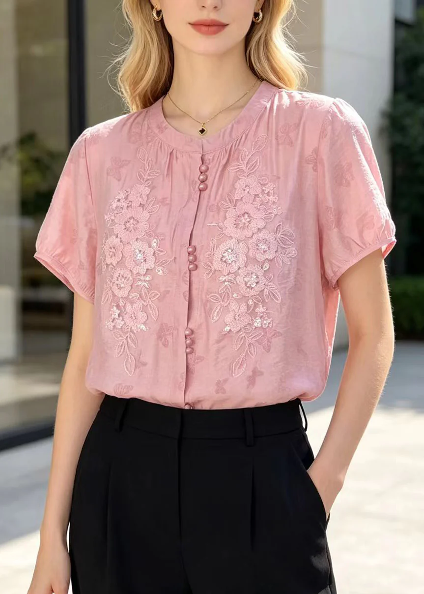 Natural Pink Embroidered Butterfly Cotton Blouse Tops Summer - Image 5