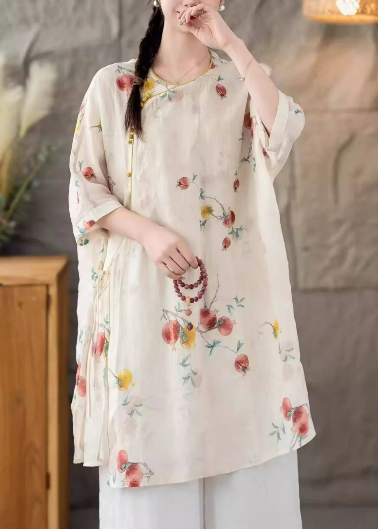 Natural Pink Floral O-Neck Print Tie Waist Long Linen Shirt Three Quarter Sleeve - Image 2