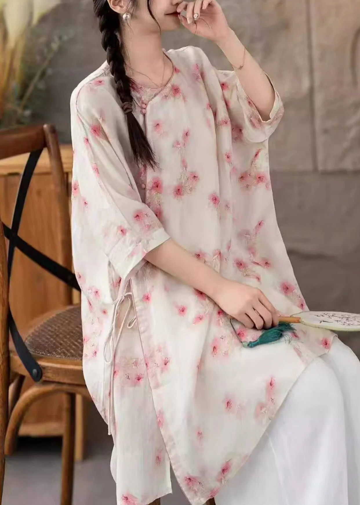 Natural Pink Floral O-Neck Print Tie Waist Long Linen Shirt Three Quarter Sleeve - Image 3