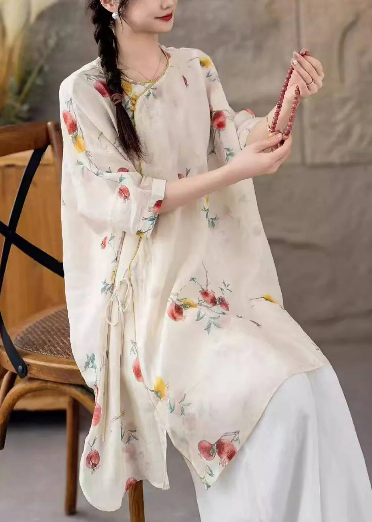 Natural Pink Floral O-Neck Print Tie Waist Long Linen Shirt Three Quarter Sleeve - Image 4