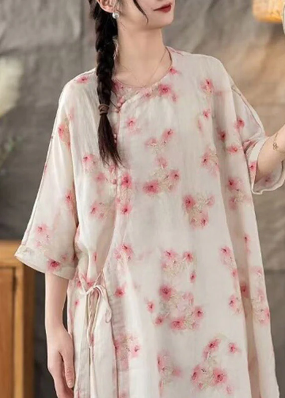 Natural Pink Floral O-Neck Print Tie Waist Long Linen Shirt Three Quarter Sleeve - Image 5