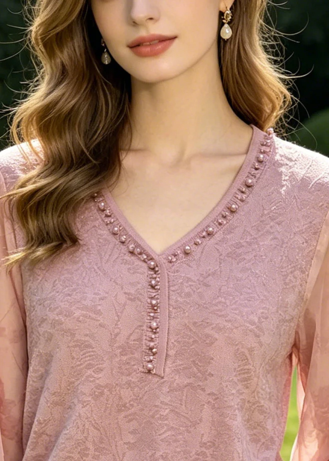 Natural Pink Jacquard Nail Bead Cotton Shirt Top Summer - Image 2